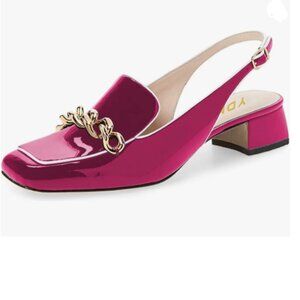 YDN Chain Deep Pink Square Toe Block Low Heels Slingback Formal Loafer Pump